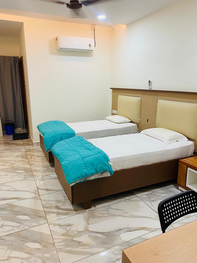 Luxury hotel room interior with king bed